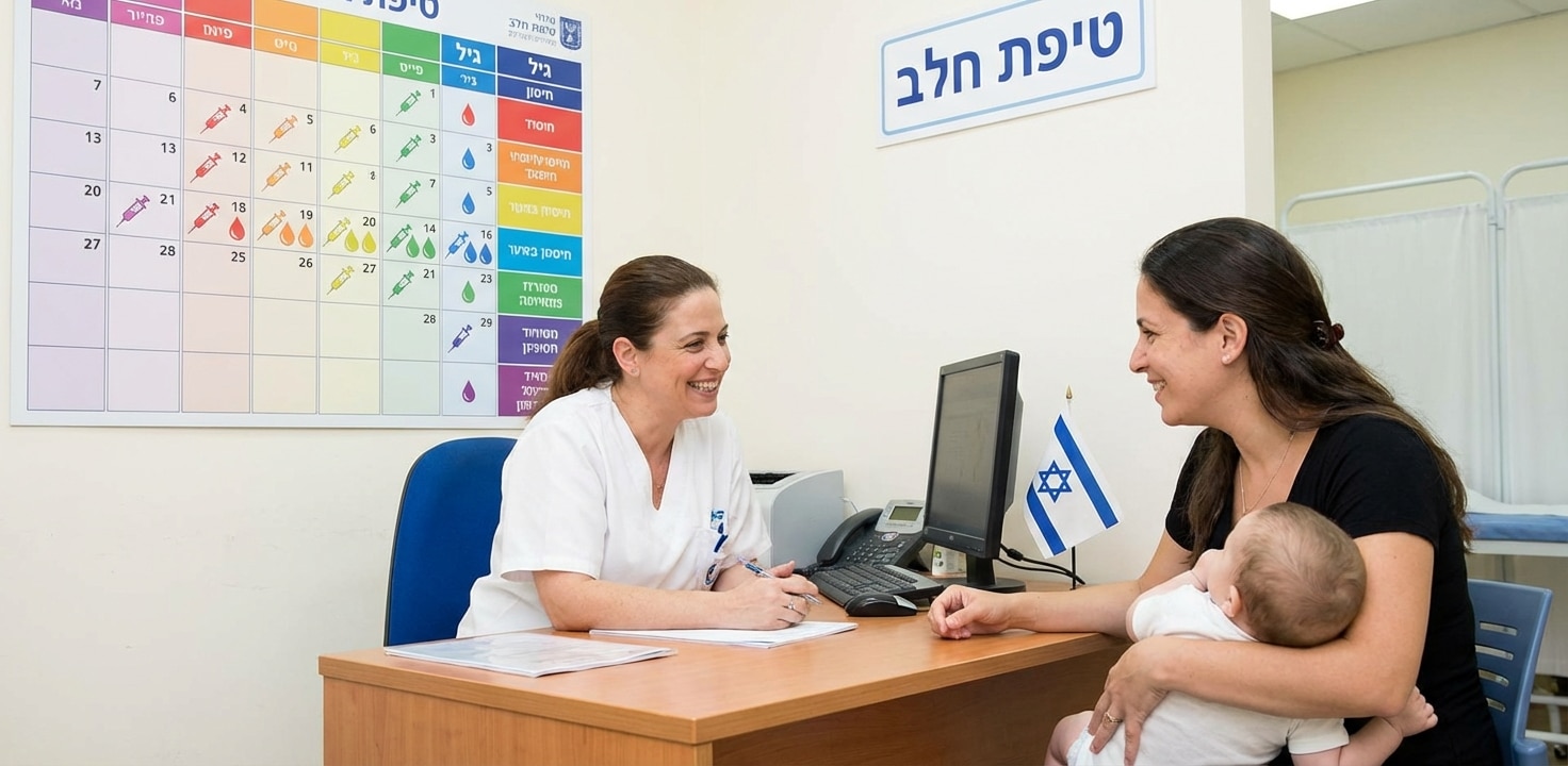 אחות ואם עם תינוק בביקור במרפאת טיפת חלב, ליד שולחן עם לוח חיסונים.