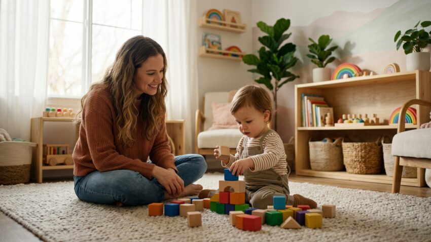 אמא מחייכת ופעוט יושבים על שטיח ומשחקים יחד בקוביות עץ צבעוניות בחדר ילדים מואר