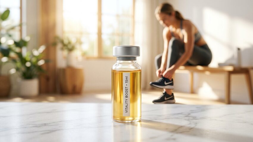 בקבוקון זכוכית של תוסף אנרגיה Vitality Boost על שולחן שיש, כשברקע אישה מתכוננת לאימון כושר ונועלת נעלי ספורט